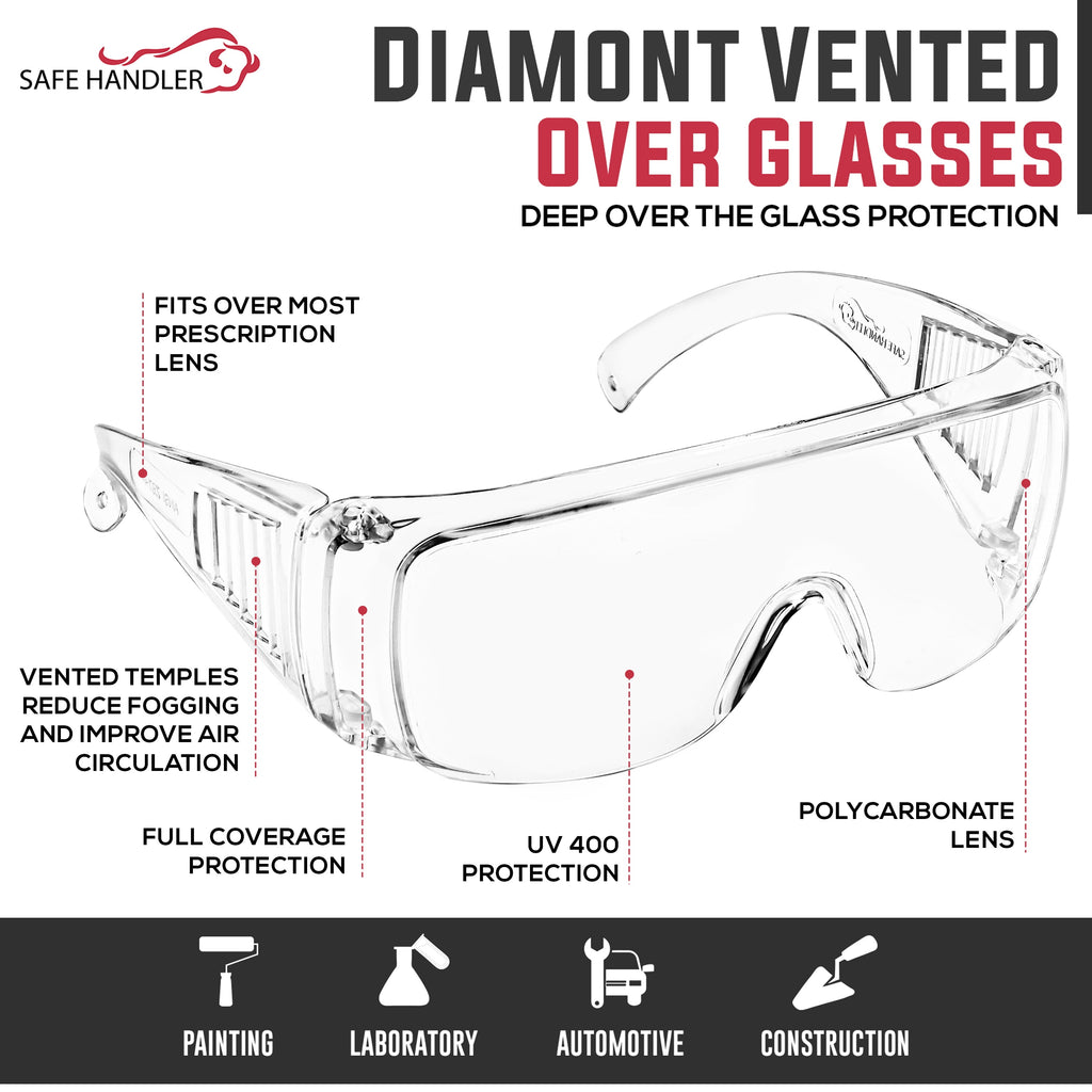 SAFE HANDLER Diamont Vented Clear Safety Glasses over Eyeglasses, 1 Pair, ANSI Z87.1, Impact Resistant Polycarbonate Lens, 99% UV Protection Goggles