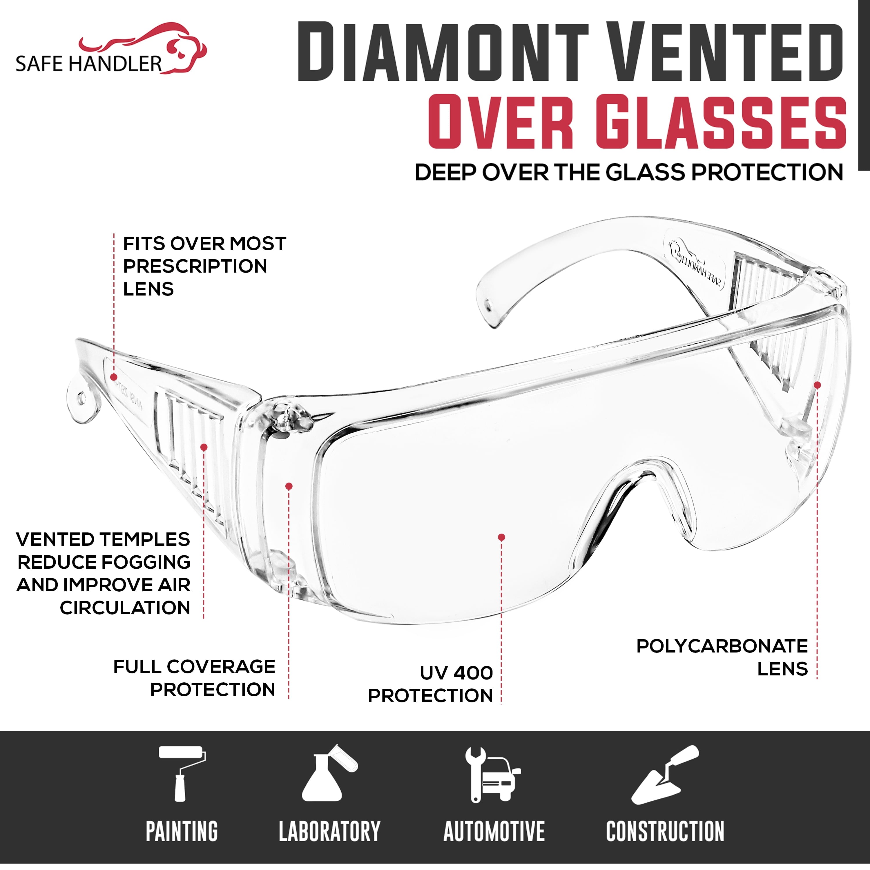 SAFE HANDLER Diamont Vented Clear Safety Glasses over Eyeglasses, 1 Pair, ANSI Z87.1, Impact Resistant Polycarbonate Lens, 99% UV Protection Goggles